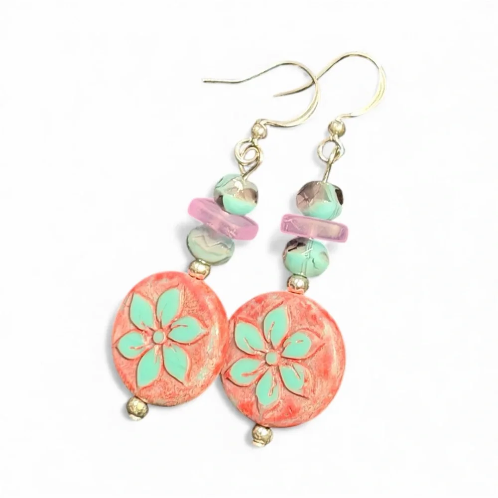 Handcrafted Floral Pink and Turquoise Czech Glass Earrings - Picture 12 of 16
